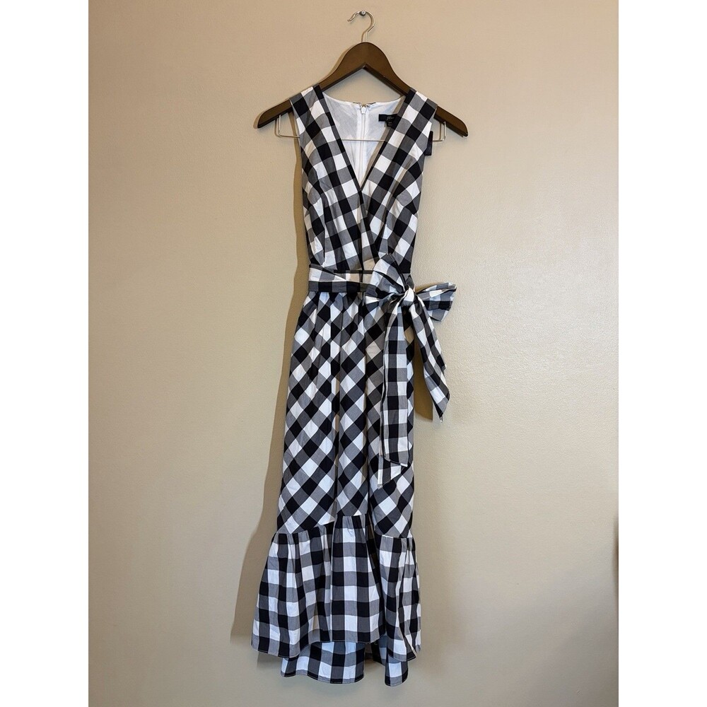 J.Crew Gingham Faux-Wrap Cotton Poplin Midi Dress 00 NWT Black & White Classic